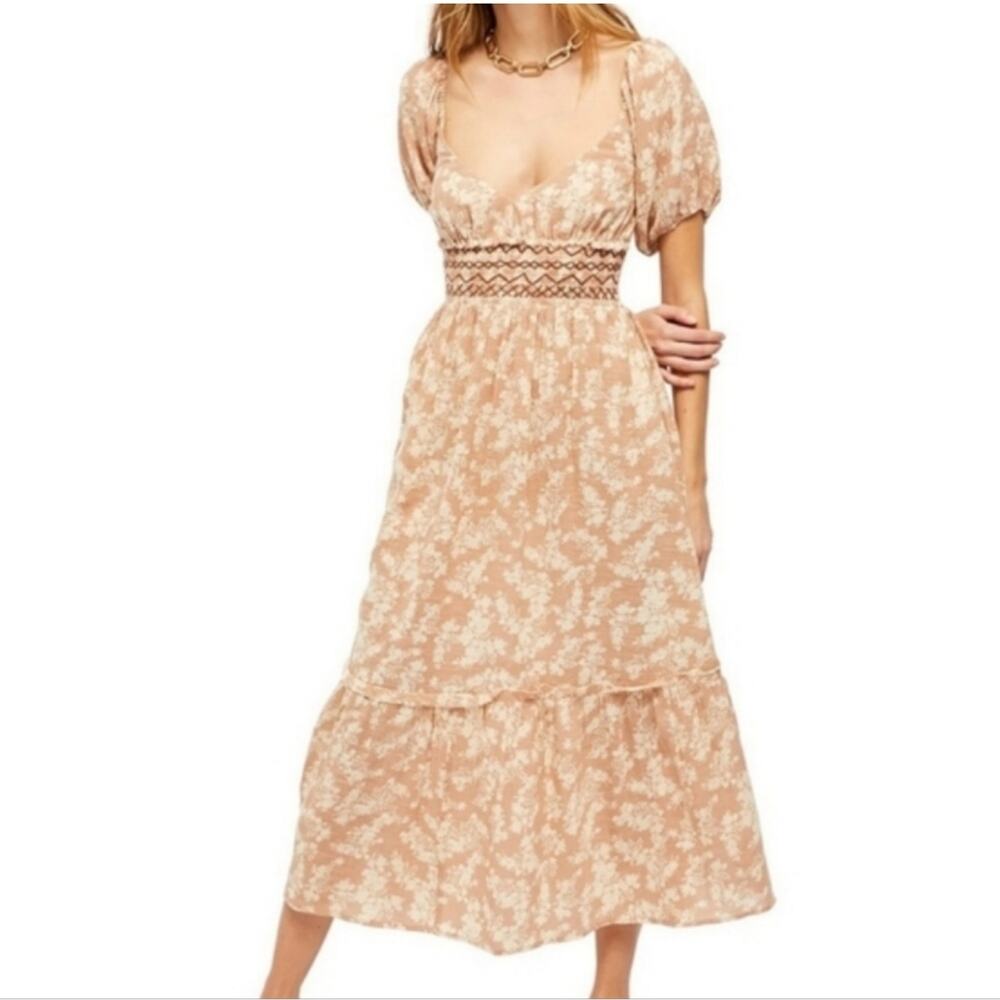 Free People Peach Floral Maxi Dress with Smocked Waist
